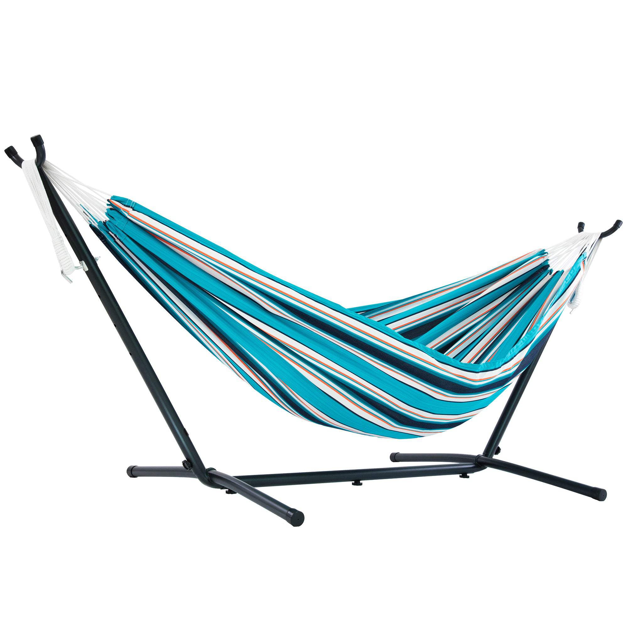 Vivere Double Sunbrella Hammock with Steel Stand, Portable Outdoor Lounge, Token Surfside