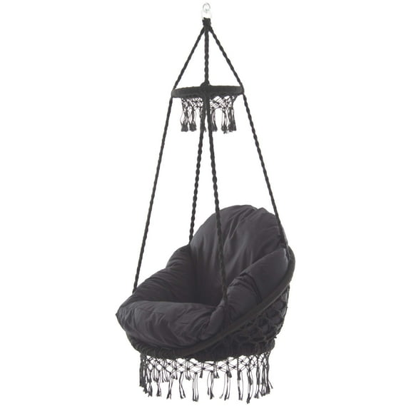 Vivere Macrame Deluxe Hanging Chair with Cushion and Swivel Hook, Eclipse