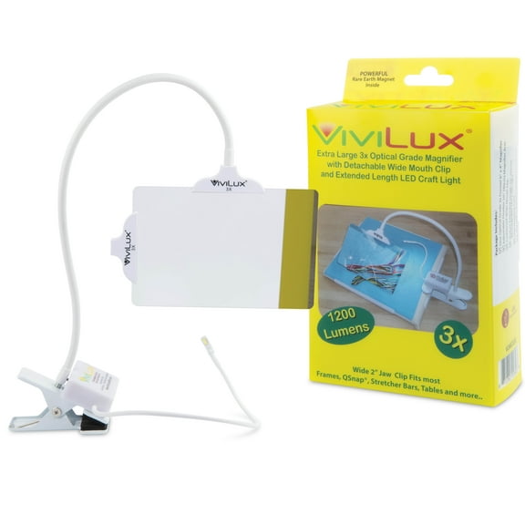 ViviLux Optical Grade 3X Magnifier with Light, 1200 Lumen, Rechargeable LED Craft Light, Wide Mouth Clip, Hands-Free for Sewing & Needlework