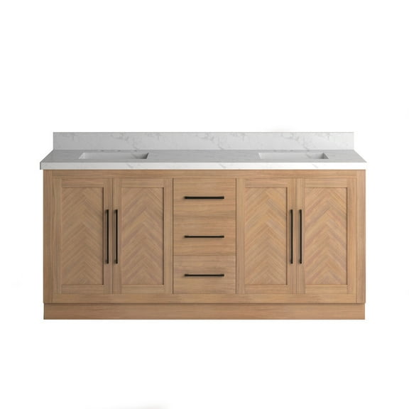 Vivian 72 inch Double Freestanding Bath Vanity in Dark Oak with Statuario Venato Marble Quartz Top and Square Sinks