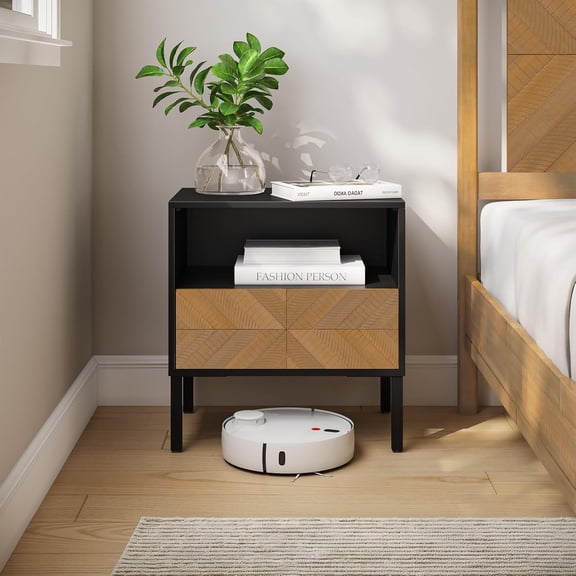 Vivian Solid Wood Nightstand, End Table, Bedside Table with Herringbone Pattern for Rustic Bedroom, Easy Assembly, Rustic Seadrift and Black