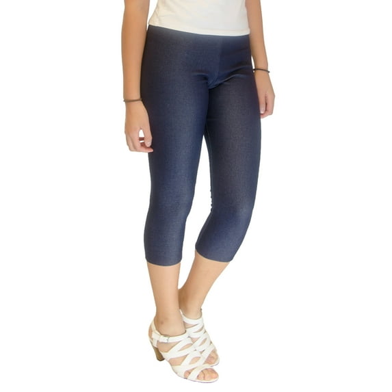 Vivian's Fashions Capri Leggings - Knit Denim, Misses Size (Blue, L)