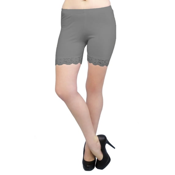 Vivian's Fashions Legging Shorts - Cotton, Lace Trim, Misses Size (Charcoal, M)