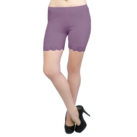 Vivian's Fashions Legging Shorts - Cotton, Lace Trim, Misses Size (Purple, S)