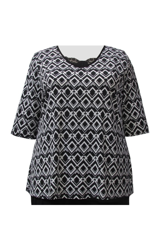 Women's Plus Size 3/4 Sleeve V-Neck Top - Black & White Diamond Links -1X
