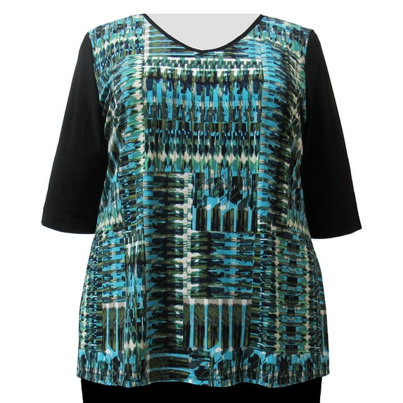Viviana Women's Plus Size 3/4 Sleeve V-Neck Top - Green Lattice -1X