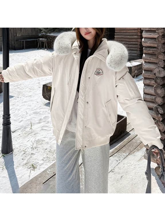 Vivianyn HD Women's Badge Embroidered Puffer Jacket, Faux Fur Trim Hooded Winter Parka Coat with Pockets,White,Size S-XXL
