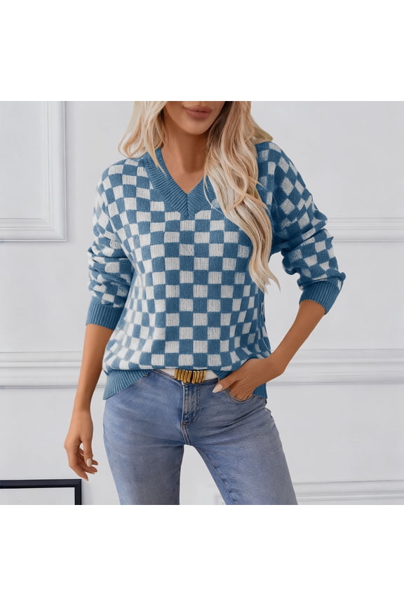 Vivianyn HD Women's Checkerboard V Neck Sweater, Long Sleeve Casual Knit Pullover,Blue,Size S-XL