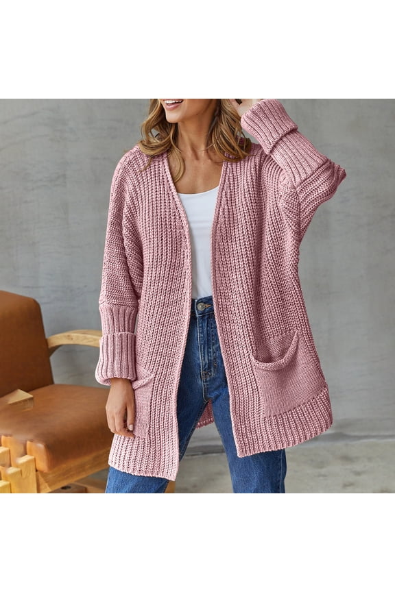 Vivianyn HD Women's Chunky Knit Cardigan, Open Front Long Sleeve Oversized Sweater with Pockets,Pink,Size S-XL