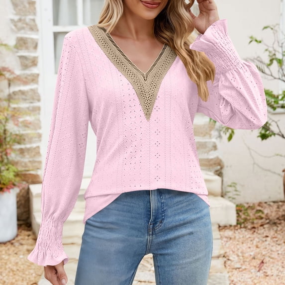 Vivianyn HD Women's Contrast V Neck Eyelet Chiffon Blouse, Long Sleeve Casual Top,Hot Pink,Size S-XXL