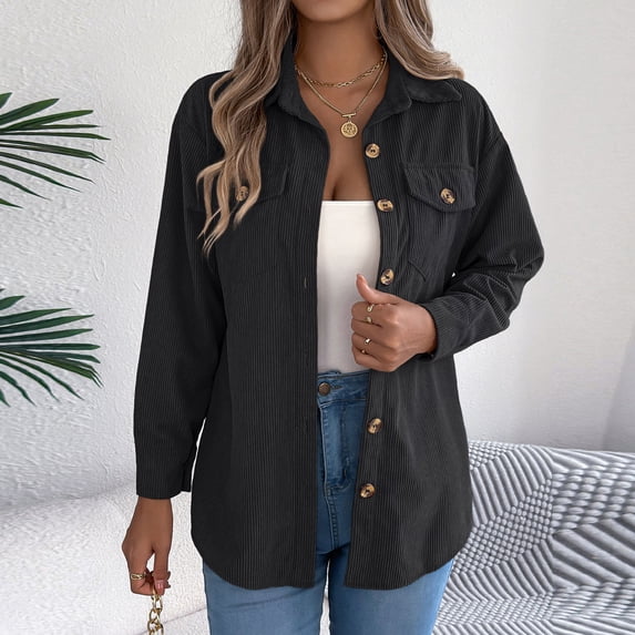Vivianyn HD Women's Corduroy Button Down Shirt Jacket, Casual Long Sleeve Lapel Coat,Black,Size S-XXL