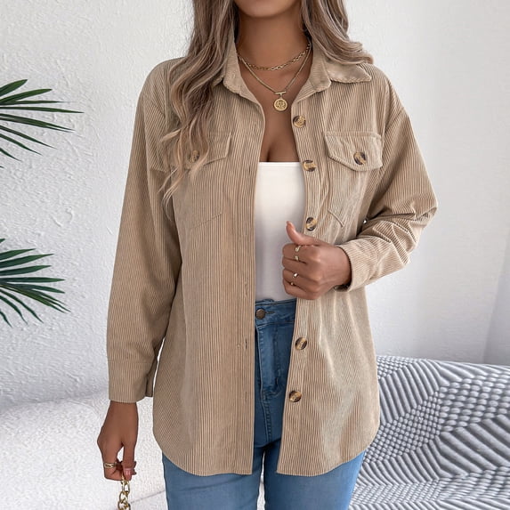 Vivianyn HD Women's Corduroy Button Down Shirt Jacket, Casual Long Sleeve Lapel Coat,Khaki,Size S-XXL