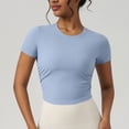 thumbnail image 1 of Vivianyn HD Women's Crew Neck Ruched Crop Tops, Ribbed Knit Short Sleeve Workout Tops,Blue,Size S-XL, 1 of 4