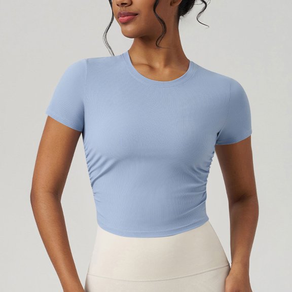 Vivianyn HD Women's Crew Neck Ruched Crop Tops, Ribbed Knit Short Sleeve Workout Tops,Blue,Size S-XL