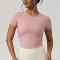 thumbnail image 1 of Vivianyn HD Women's Crew Neck Ruched Crop Tops, Ribbed Knit Short Sleeve Workout Tops,Hot Pink,Size S-XL, 1 of 4