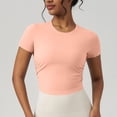thumbnail image 1 of Vivianyn HD Women's Crew Neck Ruched Crop Tops, Ribbed Knit Short Sleeve Workout Tops,Pink,Size S-XL, 1 of 4