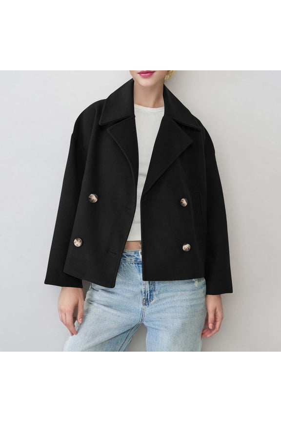 Vivianyn HD Women's Cropped Double Breasted Coat, Long Sleeve Oversized Wool Blend Jacket,Black,Size XS-XXXL