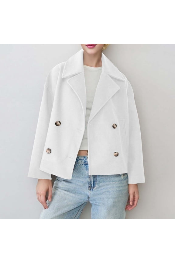 Vivianyn HD Women's Cropped Double Breasted Coat, Long Sleeve Oversized Wool Blend Jacket,White,Size XS-XXXL