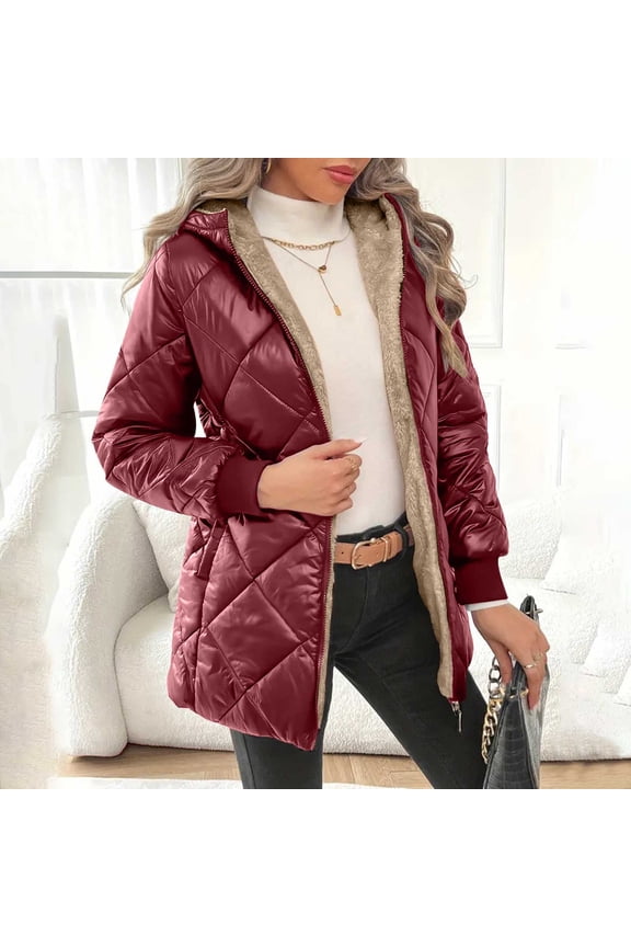 Vivianyn HD Women's Diamond Quilted Puffer Jacket, Hooded Fleece Lined Winter Coat with Drawstring Waist,Red,Size S-XXL