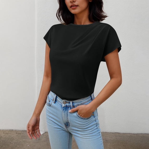 Vivianyn HD Women's Draped Asymmetrical Neck Tops, Short Sleeve Casual Blouses for Spring,Black,Size XS-L