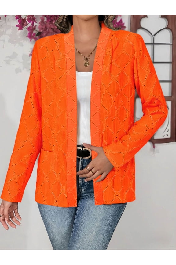 Vivianyn HD Women's Eyelet Lace Cardigan, Open Front Long Sleeve Casual Blazer,Orange,Size S-XXL