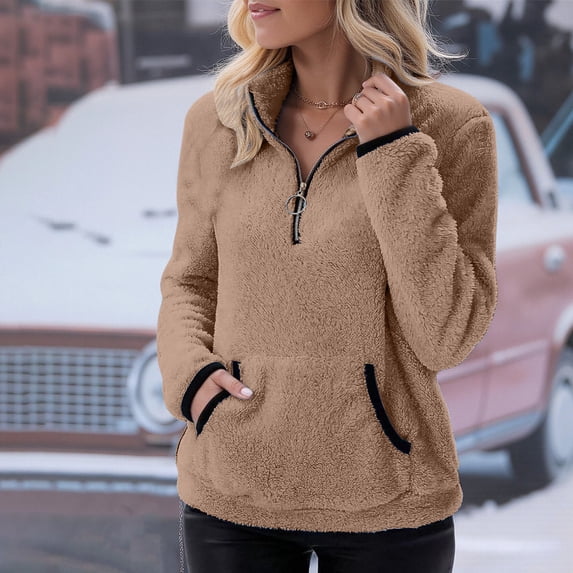 Vivianyn HD Women's Fleece Quarter Zip Pullover, Long Sleeve Fuzzy Sweatshirt with Pockets,Coffee,Size S-XXL