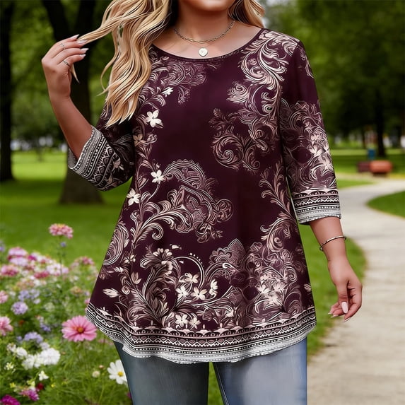 Vivianyn HD Women's Floral Print Tunic Top, 3/4 Sleeve Loose Fit Casual Blouse,Wine,Size L-XXXXXL