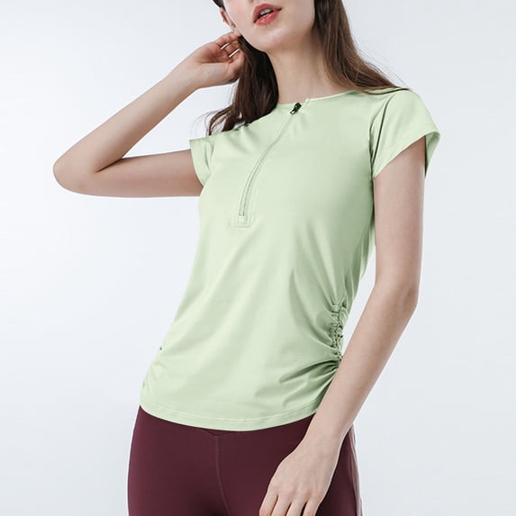 Vivianyn HD Women's Half Zip Ruched Workout Tops, Short Sleeve Athletic Shirts for Yoga,Green,Size S-XL