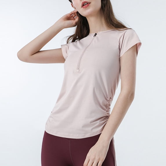 Vivianyn HD Women's Half Zip Ruched Workout Tops, Short Sleeve Athletic Shirts for Yoga,Pink,Size S-XL