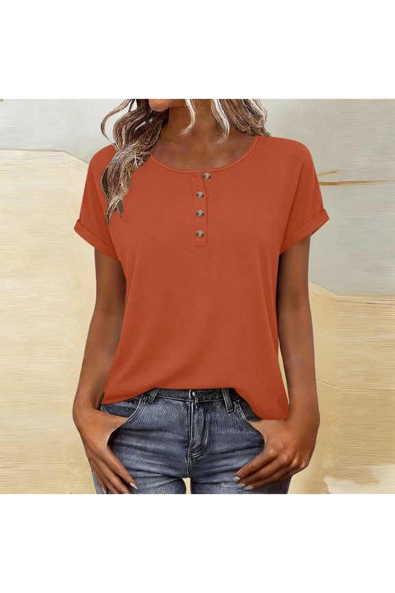 Vivianyn HD Women's Henley Neck Rolled Sleeve Top, Loose Fit Solid Color Casual Tunic Blouse,Orange,Size S-XXL