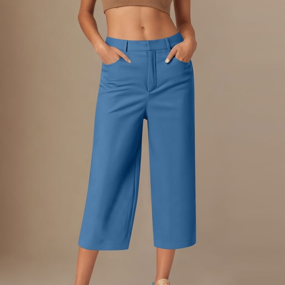 Vivianyn HD Women's High Waisted Wide Leg Capri Pants, Casual Office Trousers with Pockets,Blue,Size S-XXXL