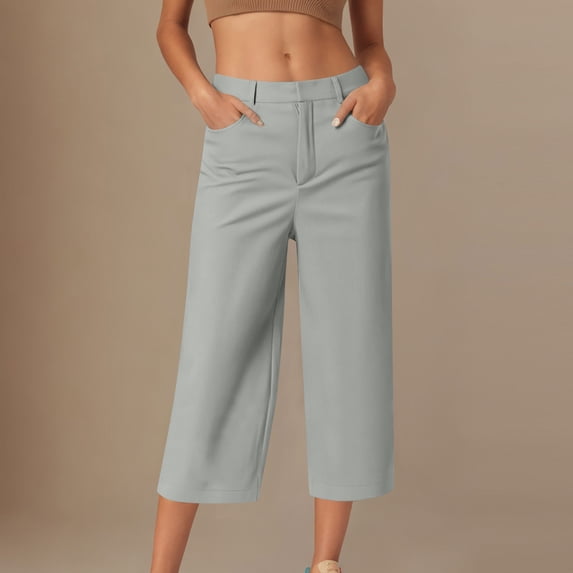 Vivianyn HD Women's High Waisted Wide Leg Capri Pants, Casual Office Trousers with Pockets,Gray,Size S-XXXL