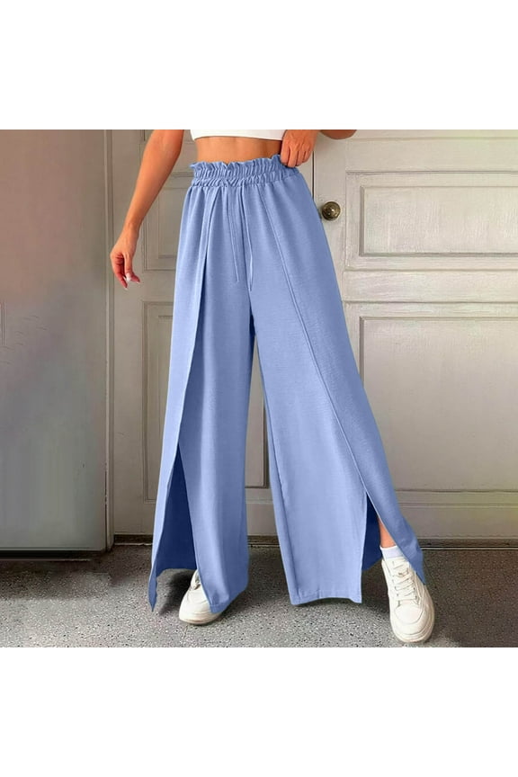 Vivianyn HD Women's High Waisted Wide Leg Pants, Split Hem Casual Trousers with Drawstring,Blue,Size S-XXL