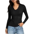thumbnail image 1 of Vivianyn HD Women's Lace Trim V Neck Ribbed Top, Long Sleeve Casual Blouse,Black,Size S-XXL, 1 of 7