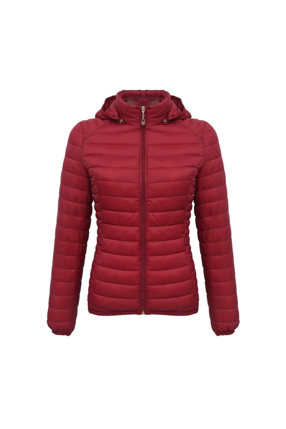Vivianyn HD Women's Lightweight Quilted Puffer Jacket, Detachable Hood Stand Collar Winter Coat with Zip Closure,Red,Size S-XXL