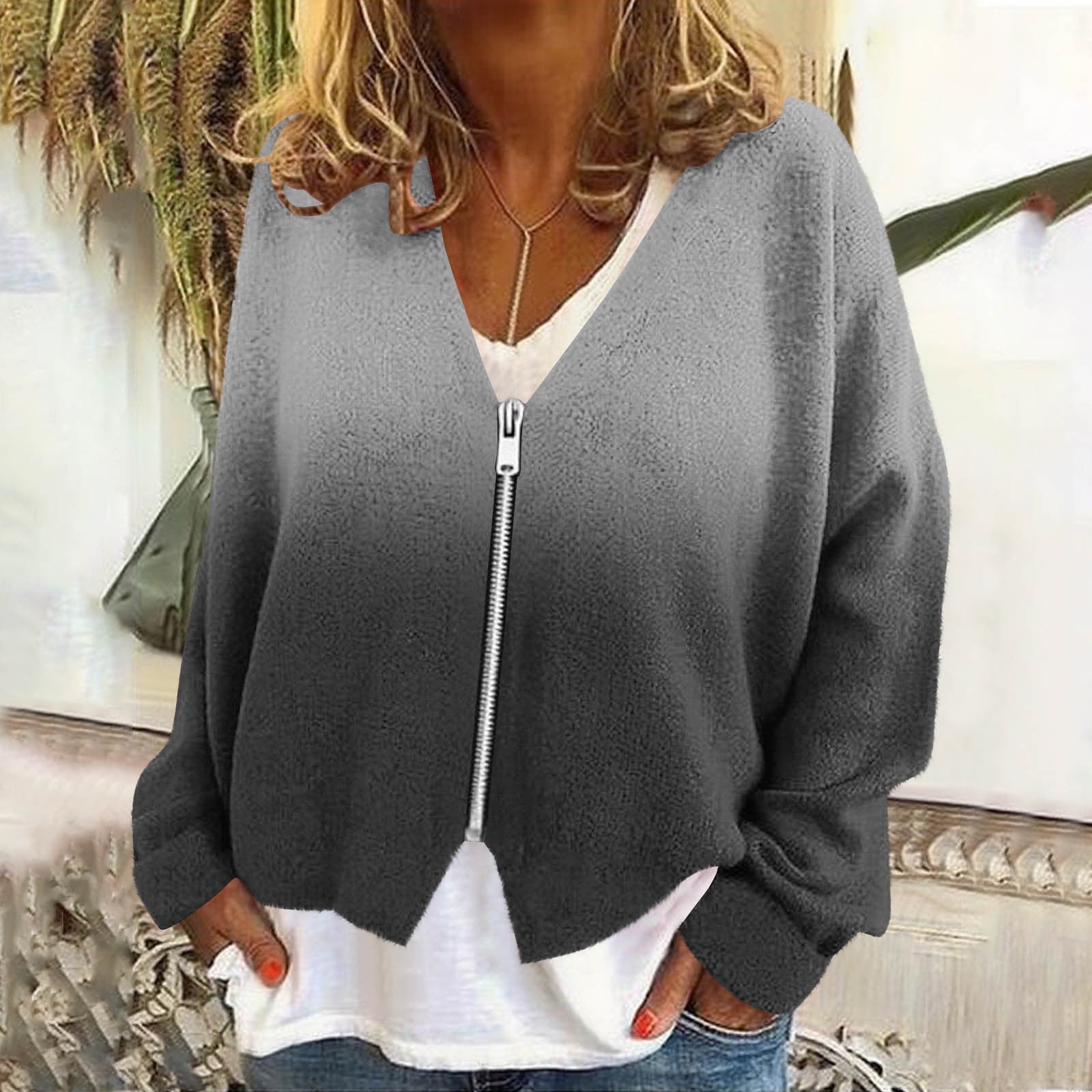 Vivianyn HD Women's Ombre Fleece Cardigan, Full Zip Long Sleeve Loose ...