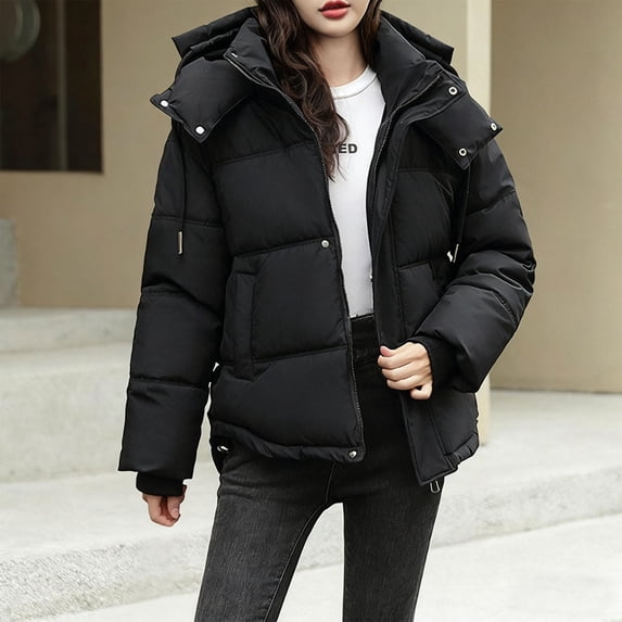 Vivianyn HD Women's Oversized Quilted Puffer Jacket, Stand Collar Hooded Winter Coat with Pockets,Black,Size M-XXL
