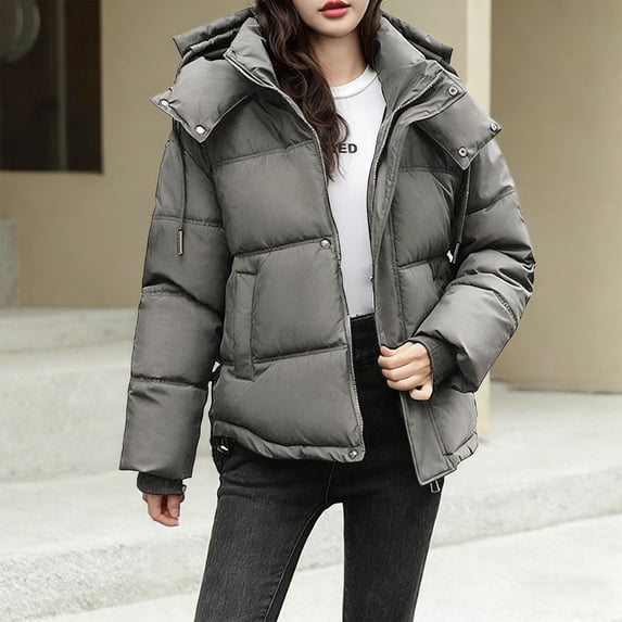 Vivianyn HD Women's Oversized Quilted Puffer Jacket, Stand Collar Hooded Winter Coat with Pockets,Gray,Size M-XXL