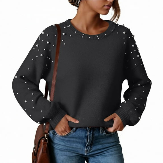 Vivianyn HD Women's Pearl Embellished Crew Neck Black Sweater, Casual Long Sleeve Pullover,Black,Size S-XL
