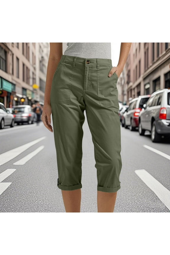 Vivianyn HD Women's Rolled Cuff Capri Pants, Button Fly Casual Cargo Trousers with Pockets,Army Green,Size S-XXL