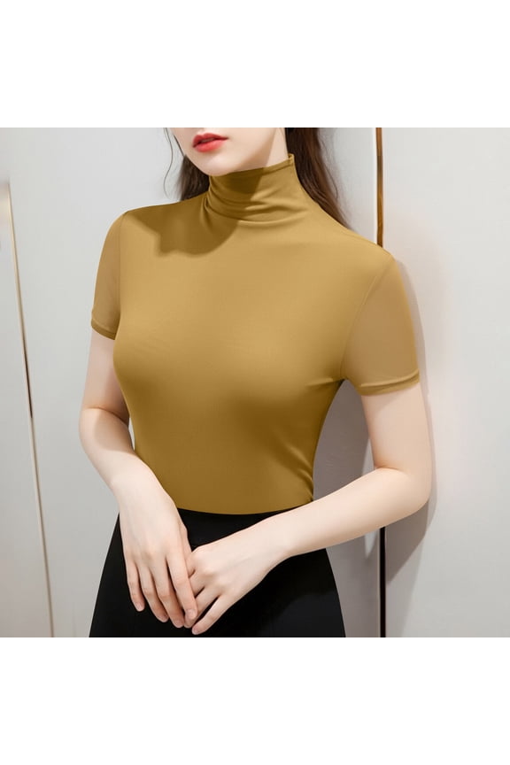 Vivianyn HD Women's Sheer Mesh Turtleneck Tops, Short Sleeve Form Fitting Blouses for Layering,Yellow,Size S-XXXL
