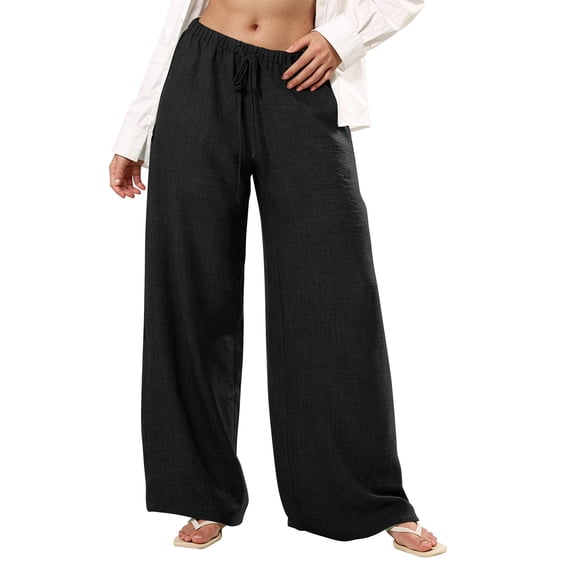 Vivianyn HD Women's Solid Color Linen-like Wide Leg Pants, Drawstring Elastic Waist Casual Trousers,Black,Size S-XXL