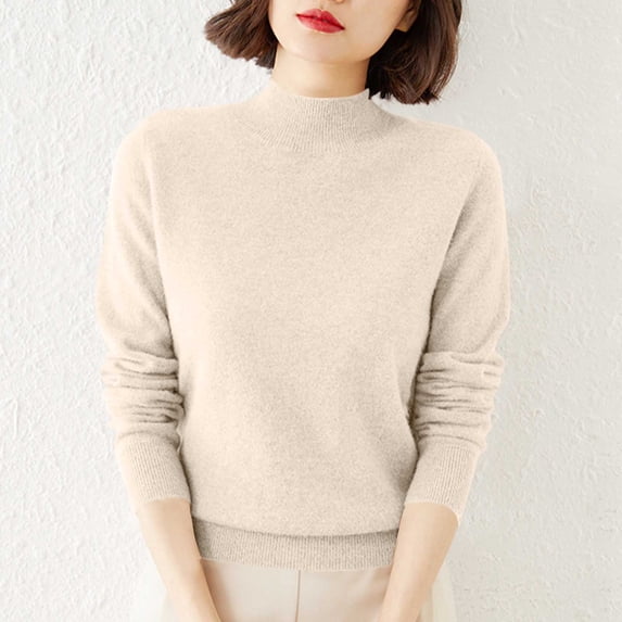 Vivianyn HD Women's Solid Mock Neck Sweater, Long Sleeve Casual Knit Pullover,Beige,Size S-XXXL