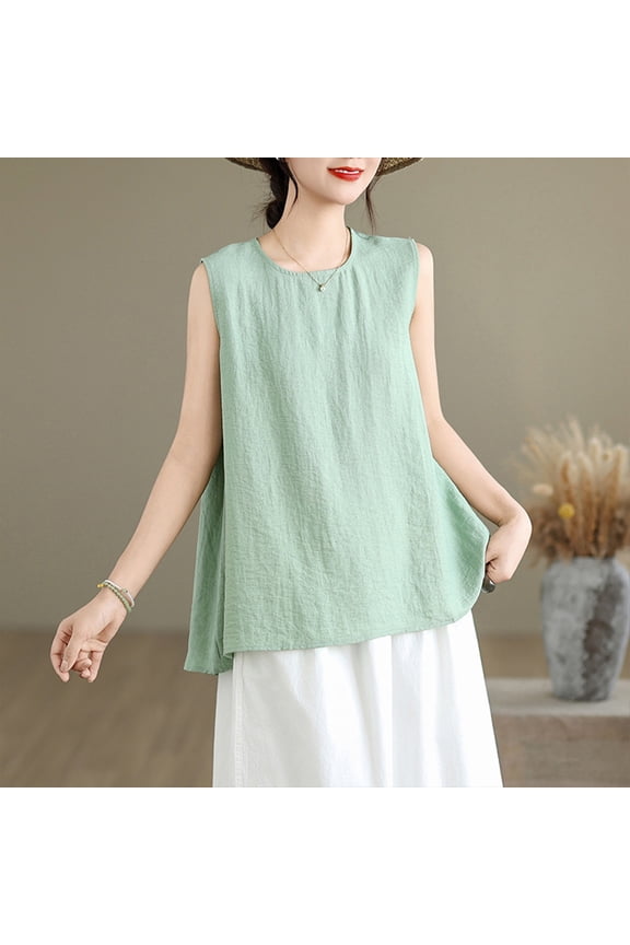 Women's Split Back Cotton Linen Sleeveless Blouse, Casual Flowy Tank Top,Green,Size M-XXL