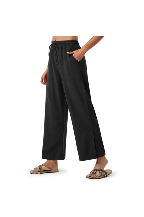 Vivianyn HD Women's Split Hem Wide Leg Pants, Drawstring Elastic Waist Casual Trousers,Black,Size S-XXXL