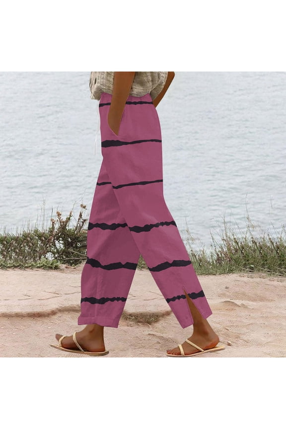 Vivianyn HD Women's Striped Split Hem Casual Pants, Drawstring Elastic Waist Summer Trousers,Purple,Size S-XXL