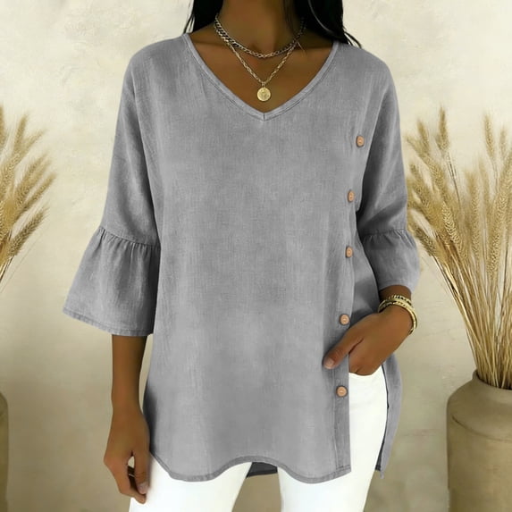 Vivianyn HD Women's V Neck Button Top, Flare Sleeve Casual Loose Fit Blouse,Gray,Size S-XXXL