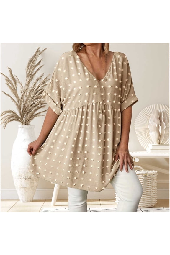 Vivianyn HD Women's V Neck Swiss Dot Peplum Tops, Short Sleeve Loose Fit Tunic Blouses for Casual Wear,Khaki,Size XL-XXXXXL