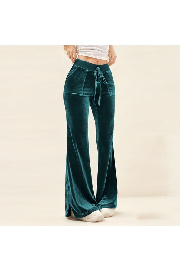Vivianyn HD Women's Velvet Flare Pants, Drawstring Elastic Waist Trousers with Side Slit Pockets,Navy,Size S-XXXL