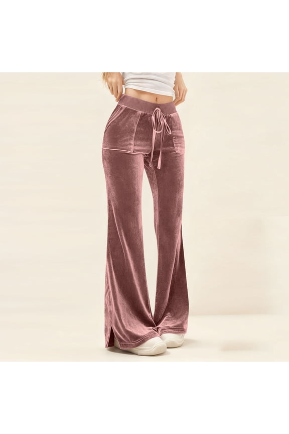 Vivianyn HD Women's Velvet Flare Pants, Drawstring Elastic Waist Trousers with Side Slit Pockets,Pink,Size S-XXXL